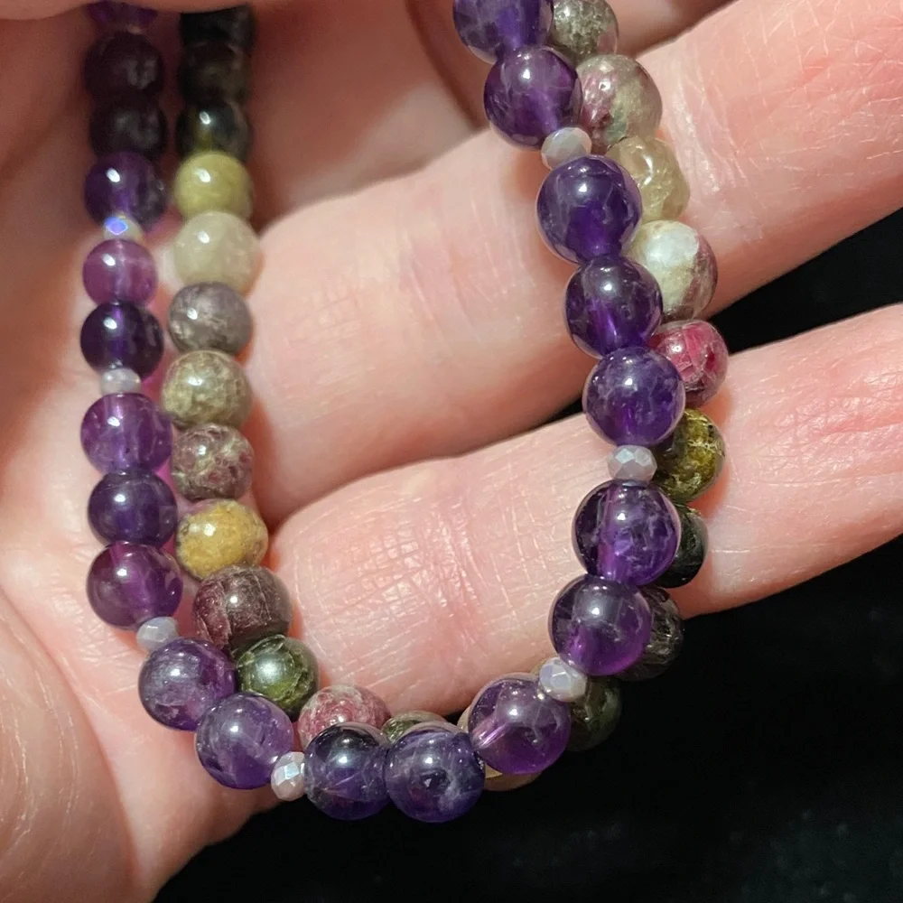 Handcrafted Natural Amethyst Natural Tourmaline double strand Beaded Bracelet